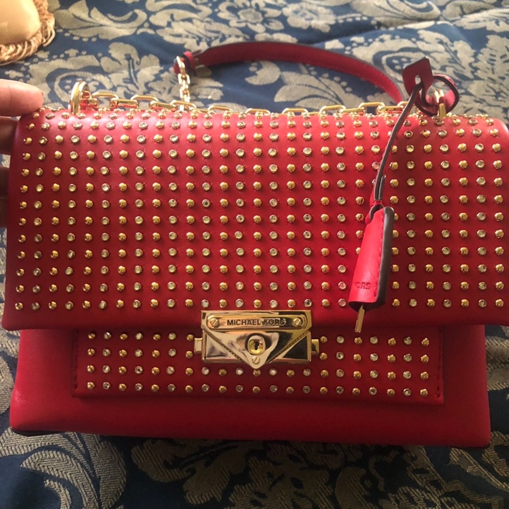 SOLD Michael Kors Red Handbag w/ gold stud detail